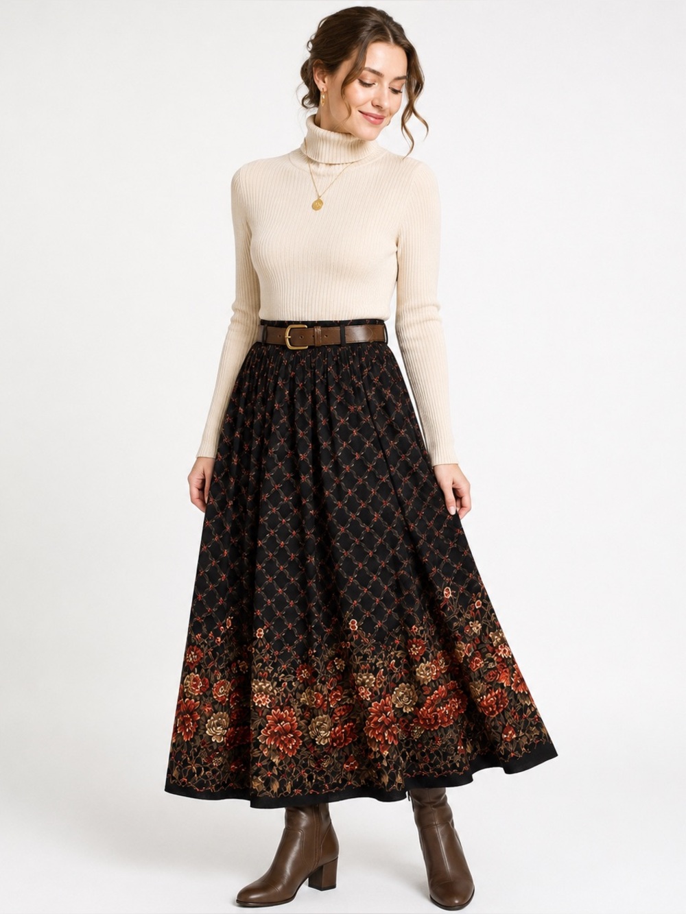Vintage 90s Dark Floral Border Print Rayon Midi Skirt Pockets L